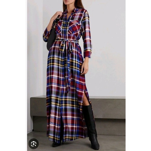 L'AGENCE Cameron Plaid Maxi Shirtdress M Tie Front Long Duster Cardigan $475 - Picture 5 of 14